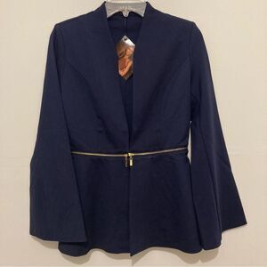 IMAN Zippered Blazer Jacket Navy Women’s XS Gold Soft Stretchy Bell Sleeve